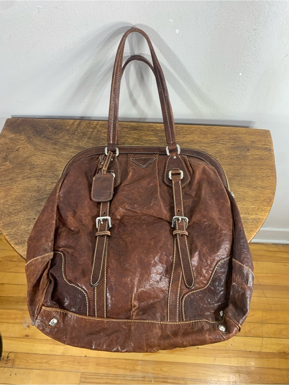 Vintage Prada Brown Leather Tote Shoulder Bag Distressed Y2K Made in Ital